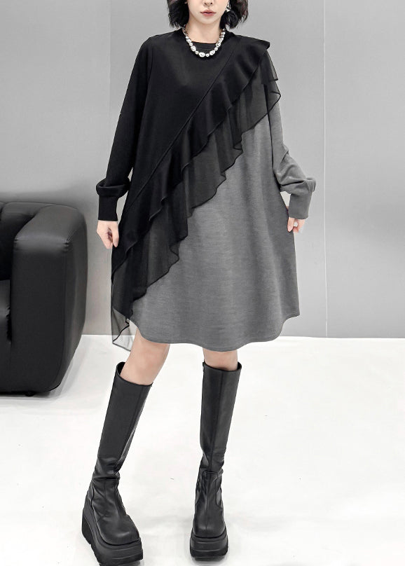 Asymmetrical Tulle Ruffle Patchwork Long Sleeve Mini Dress