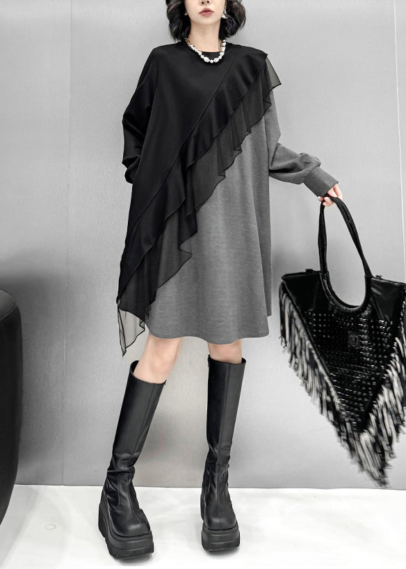 Asymmetrical Tulle Ruffle Patchwork Long Sleeve Mini Dress - View 3