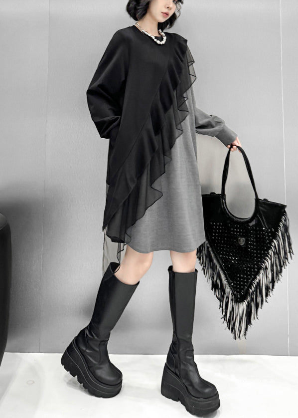 Asymmetrical Tulle Ruffle Patchwork Long Sleeve Mini Dress - View 4