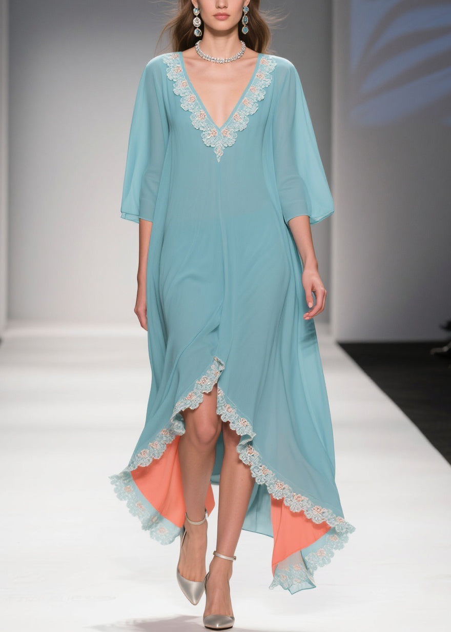 Lace Applique Chiffon Deep V-Neck Three Quarter Sleeve Maxi Gown