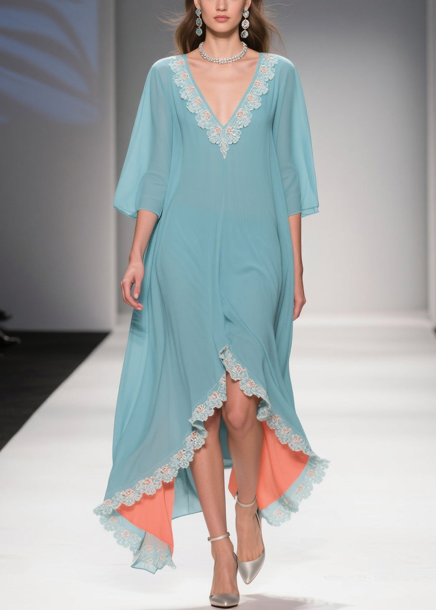 Lace Applique Chiffon Deep V-Neck Three Quarter Sleeve Maxi Gown - View 3