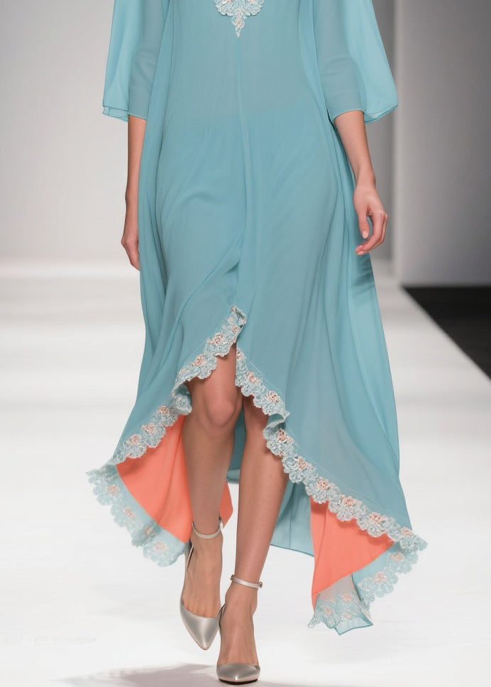Lace Applique Chiffon Deep V-Neck Three Quarter Sleeve Maxi Gown - View 4