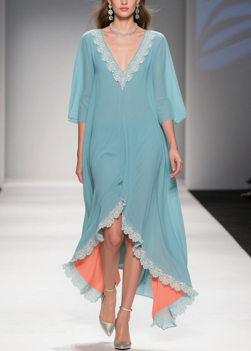 Lace Applique Chiffon Deep V-Neck Three Quarter Sleeve Maxi Gown - View 5