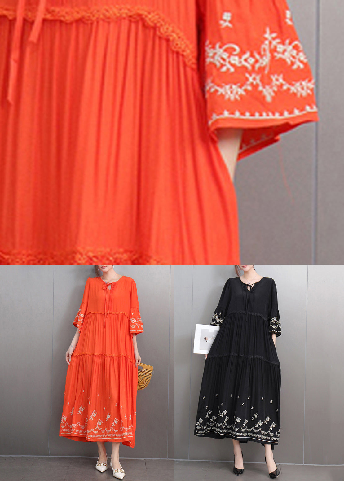 Embroidered Keyhole Neck Bell Sleeve Tiered Ruffle Maxi Dress - View 5