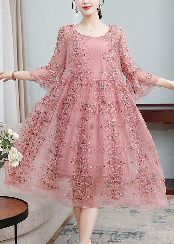 Loose Pink Embroidered Ruffled Lace Silk Dresses Flare Sleeve - View 2