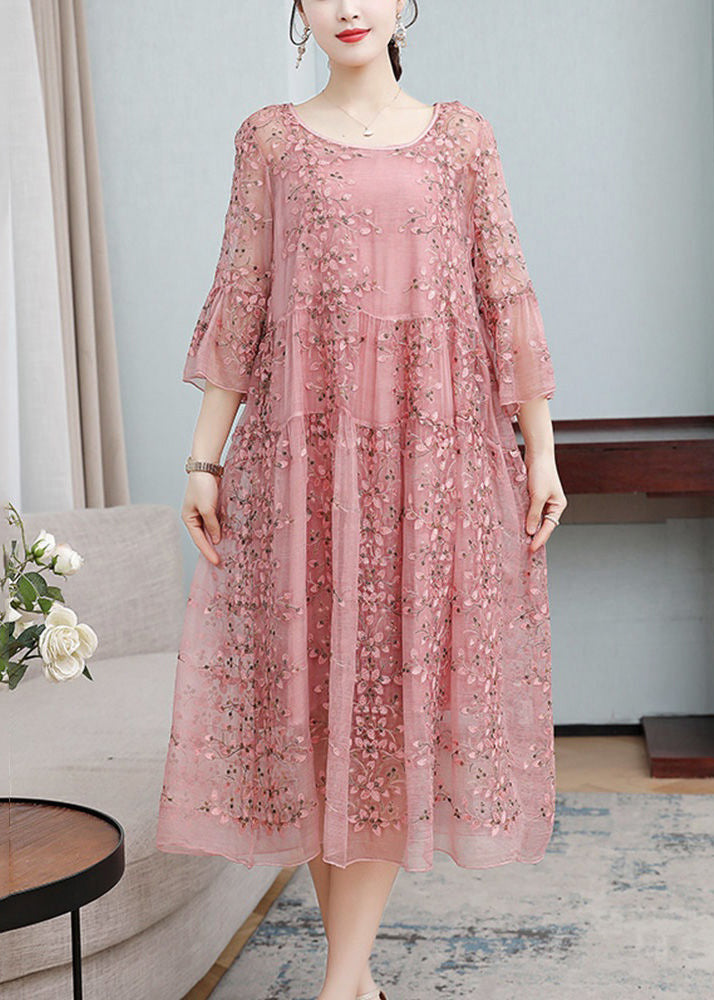 Loose Pink Embroidered Ruffled Lace Silk Dresses Flare Sleeve - View 3