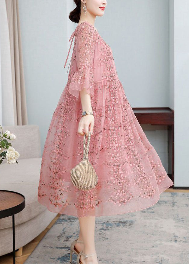 Loose Pink Embroidered Ruffled Lace Silk Dresses Flare Sleeve - View 5