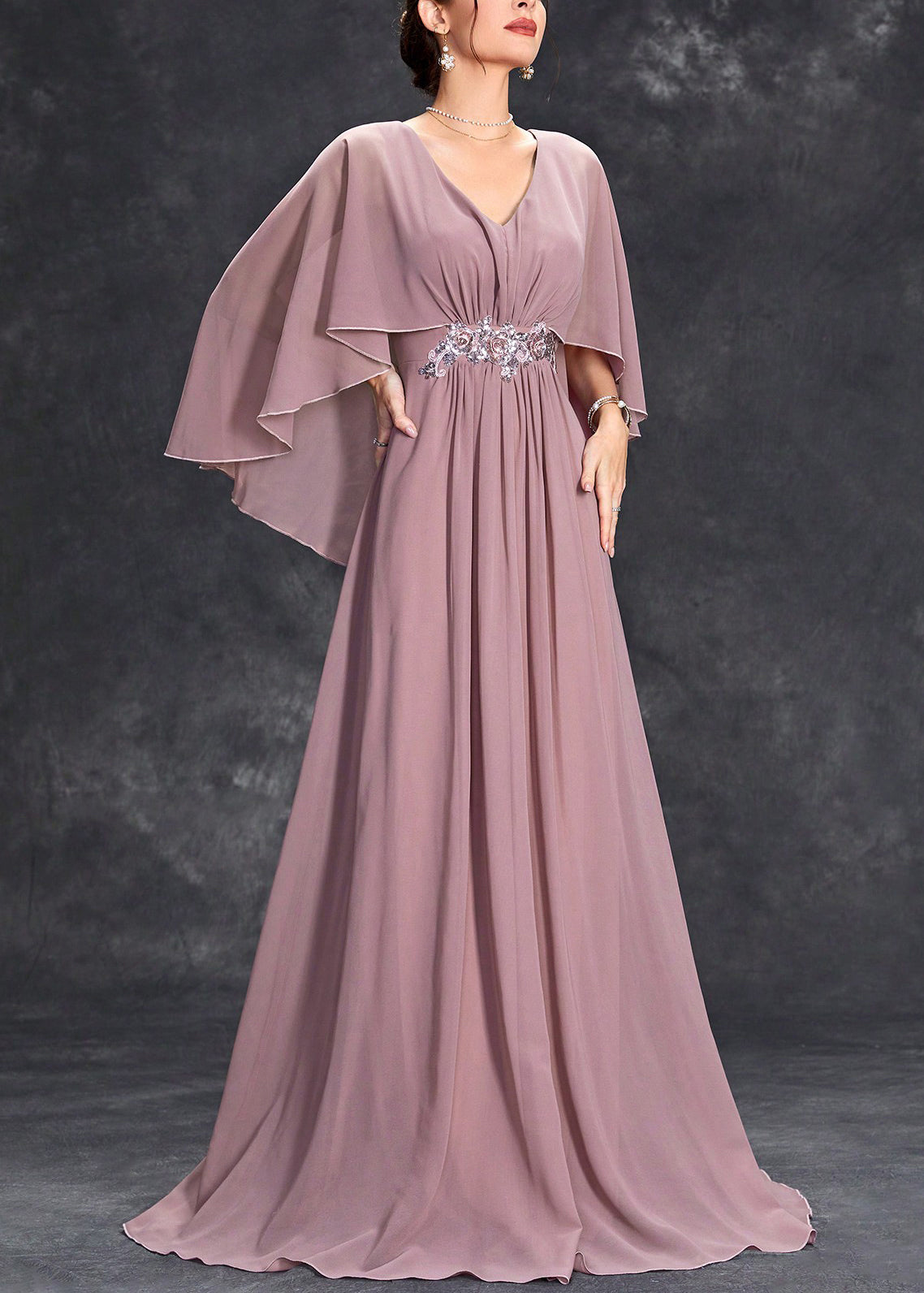 Loose Pink V Neck Sequins Chiffon Maxi Dresses Half Sleeve - View 2
