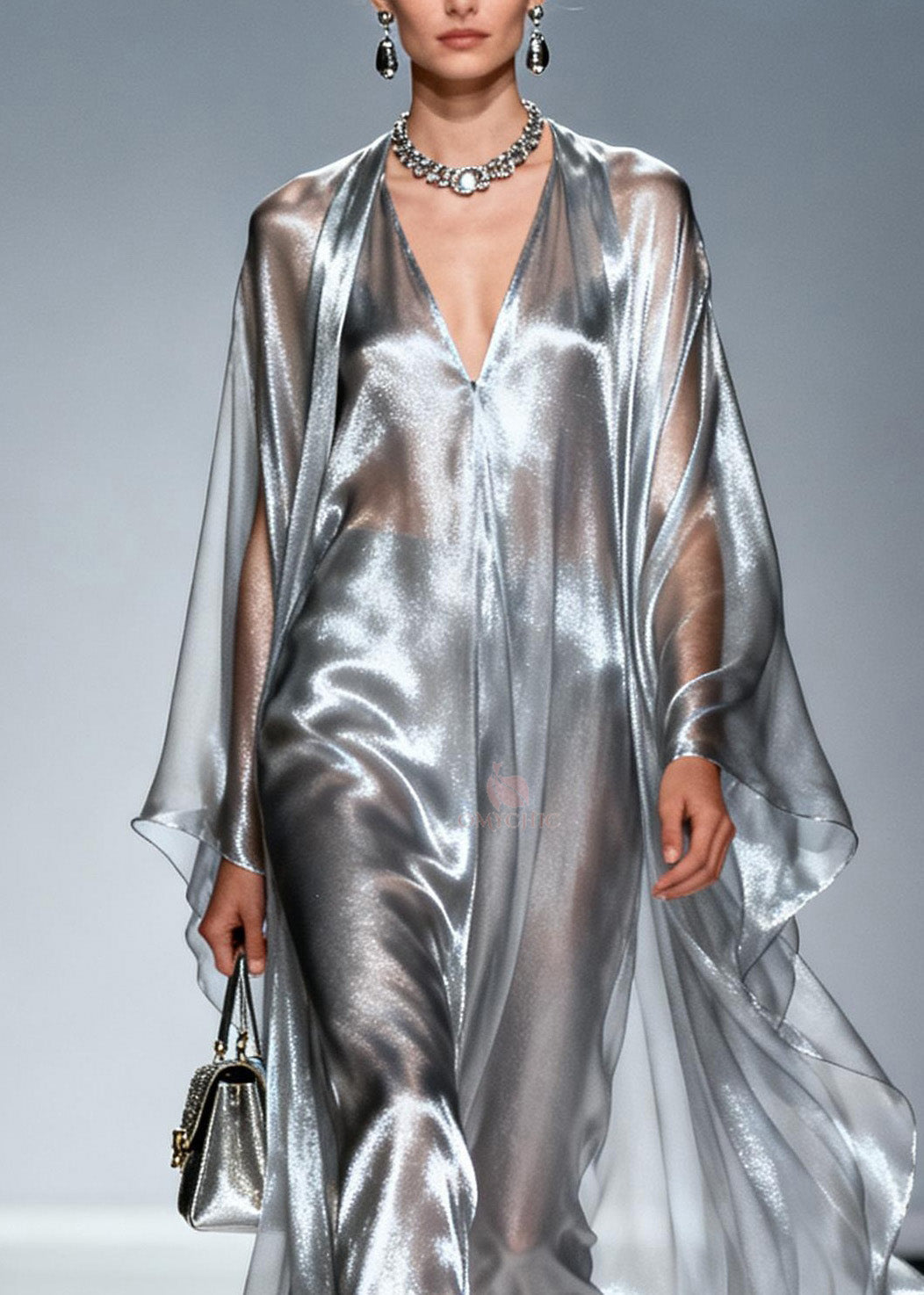 Metallic Sheer Deep V-Neck Floor Length Cape Sleeve Maxi Gown - View 2