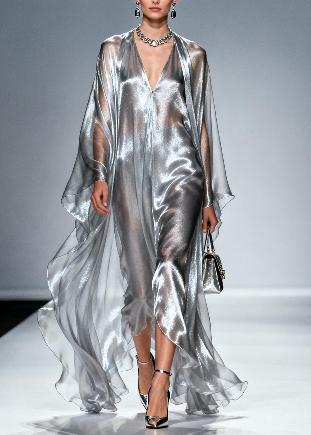 Metallic Sheer Deep V-Neck Floor Length Cape Sleeve Maxi Gown - View 3