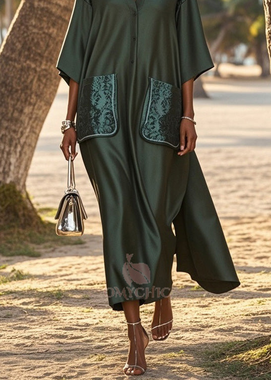V-Neck Button Front Kimono Sleeve Jacquard Patch Pocket Maxi Dress - View 4