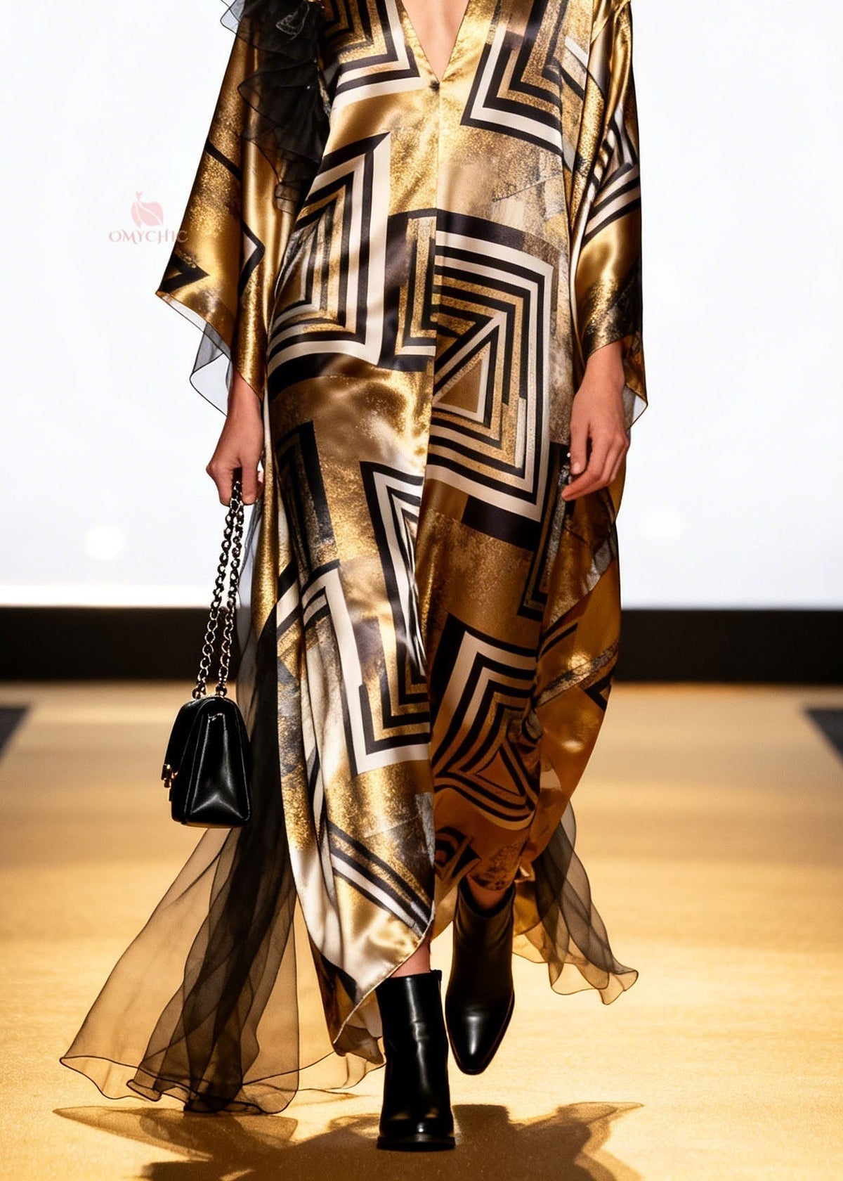 Metallic Geometric Print Deep V-Neck Sleeve Shoulder Maxi Gown - View 4