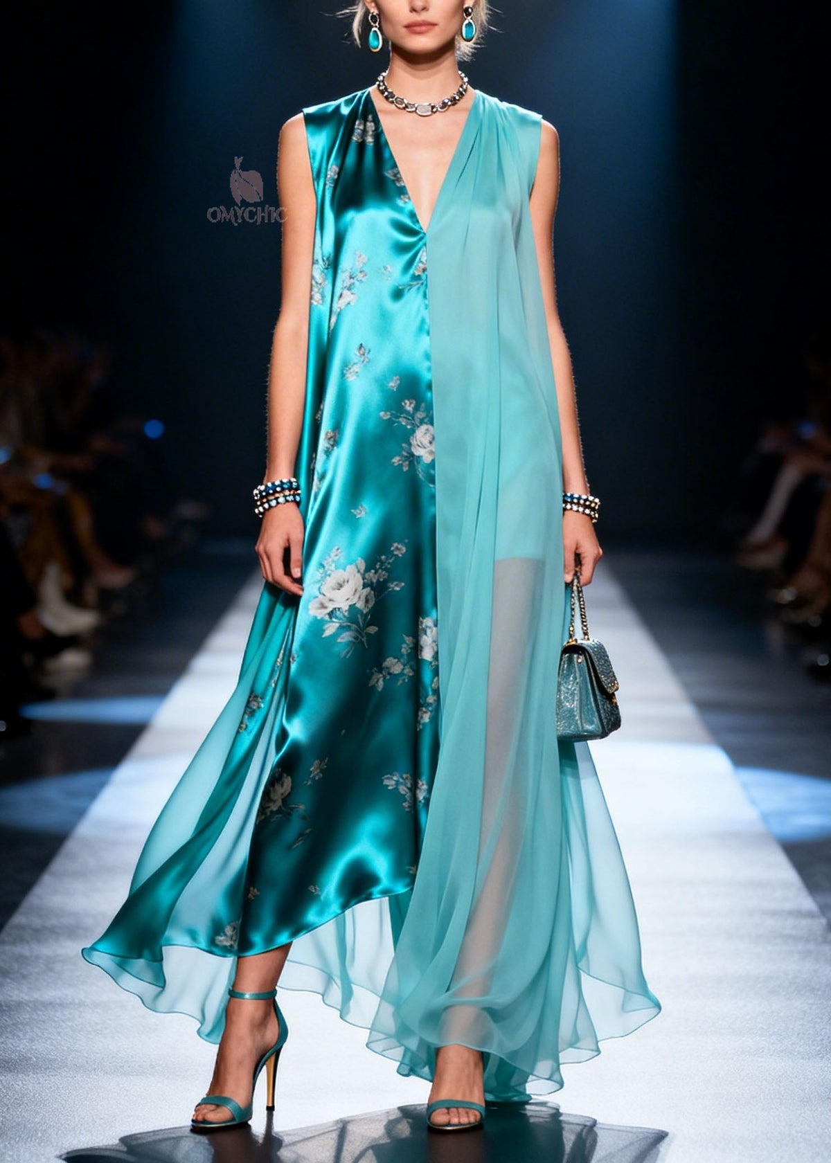 Floral Print Asymmetrical Sheer Chiffon Layered V-Neck Maxi Dress