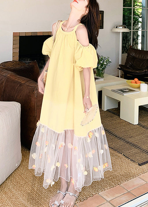 Cold Shoulder Puff Sleeve Tulle Floral Appliqué Ruffle Hem Midi Dress