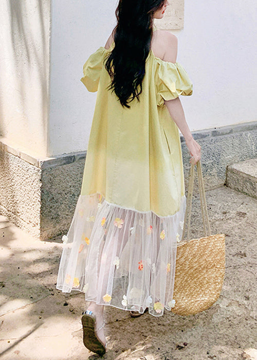 Cold Shoulder Puff Sleeve Tulle Floral Appliqué Ruffle Hem Midi Dress - View 5