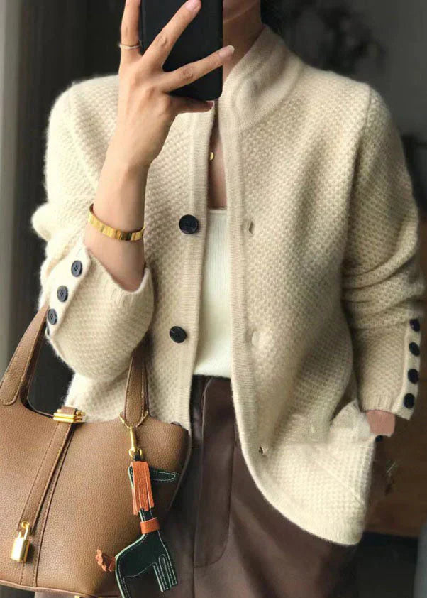 Round Neck Double Breasted Textured Knit Cardigan