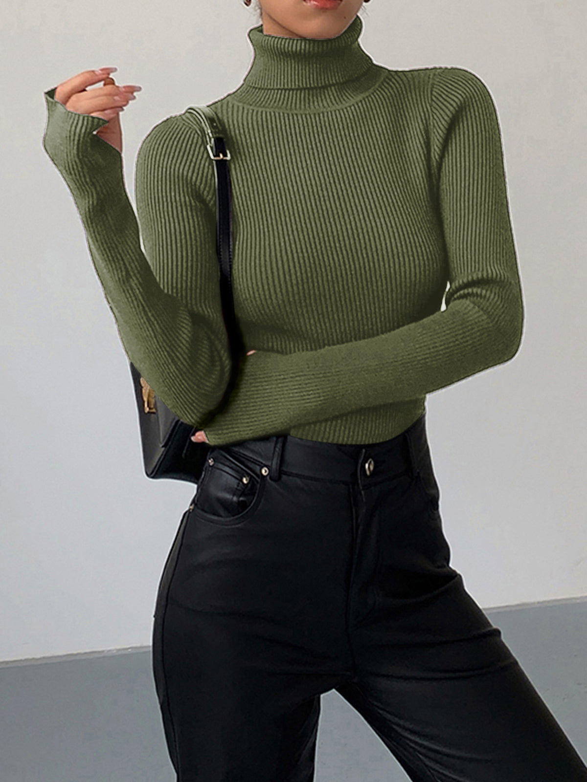 Ribbed Turtleneck Long Sleeve Fitted Sweater 3