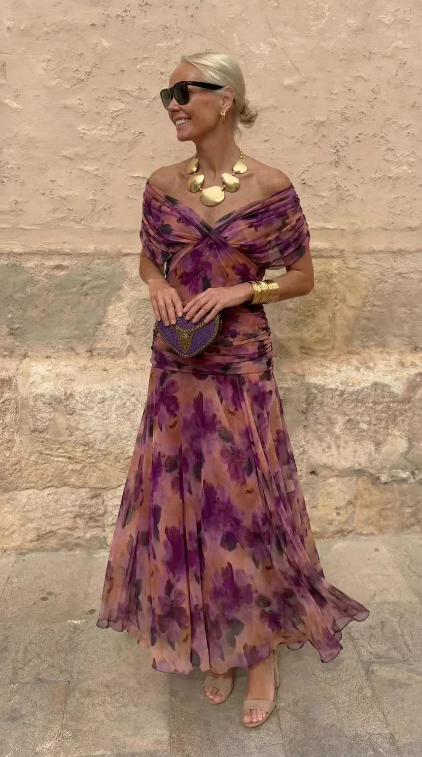 Floral Off Shoulder Twist Front Maxi Dress