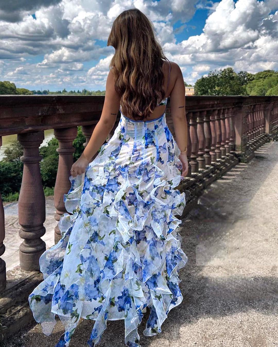 Floral Print Spaghetti Strap Corset Bodice Tiered Ruffle Maxi Gown - View 5