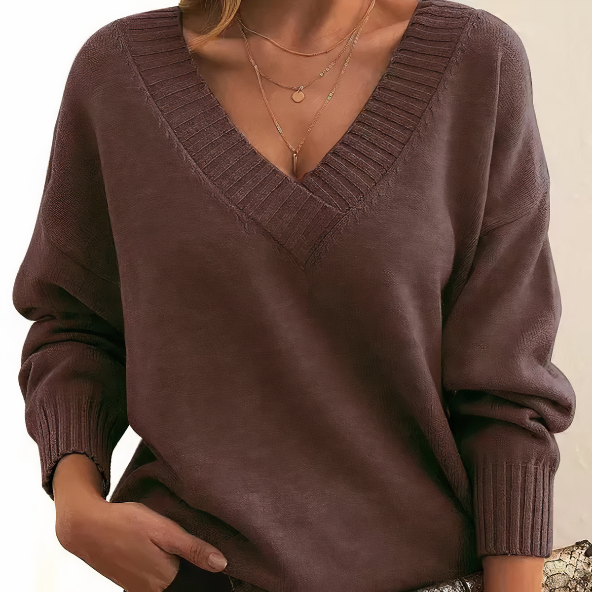 Deep V-Neck Ribbed Trim Drop Shoulder Sweater 14