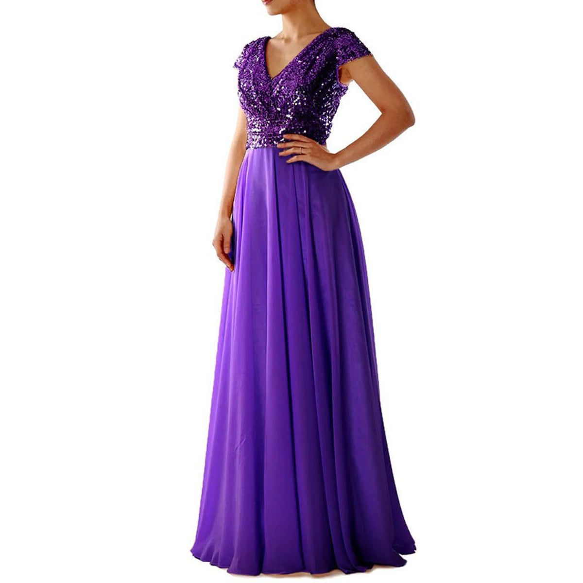 Sequin V-Neck Cap Sleeve Chiffon A-Line Maxi Gown - View 2