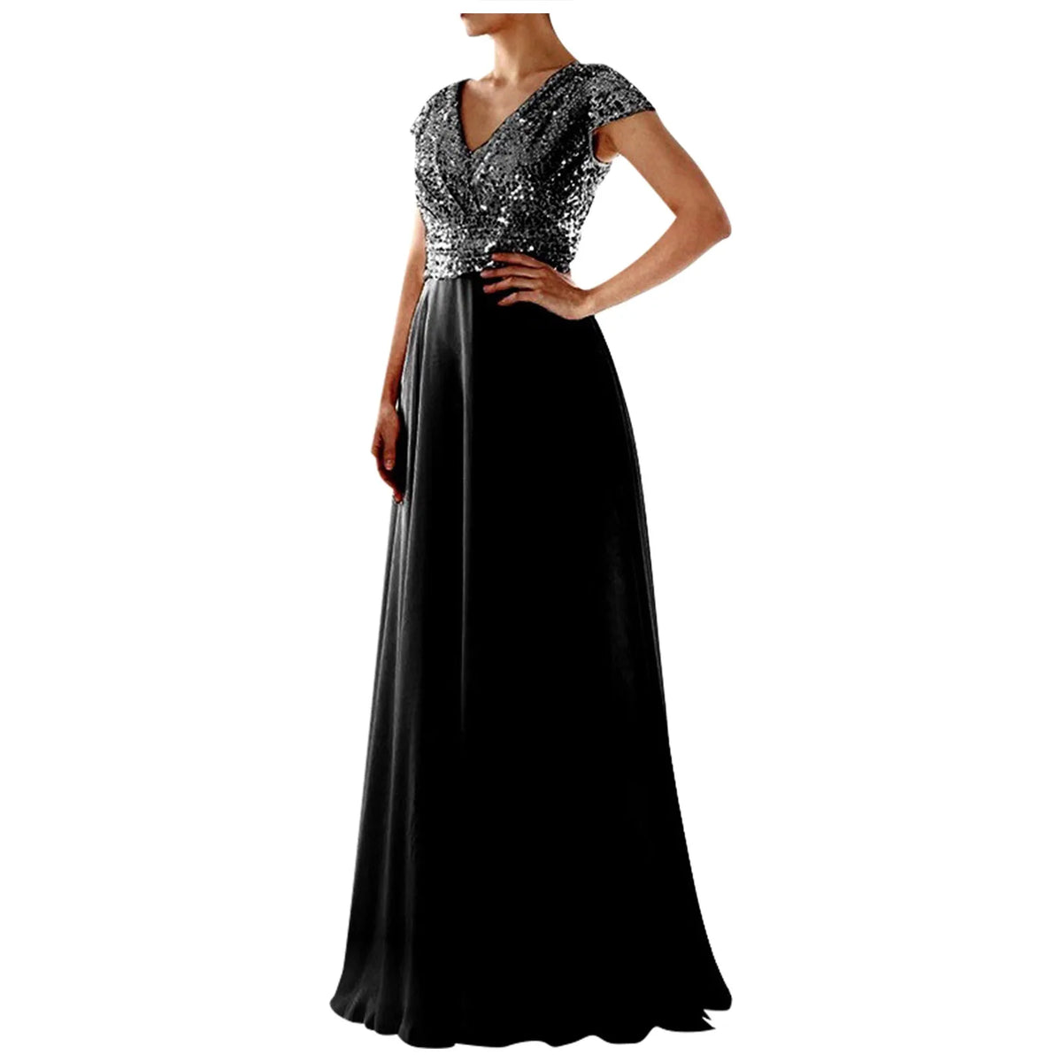 Sequin V-Neck Cap Sleeve Chiffon A-Line Maxi Gown - View 3