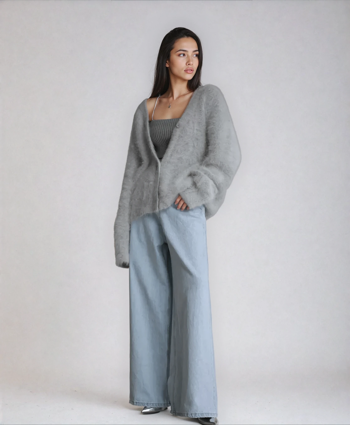 Fuzzy Knit V-Neck Button Front Cardigan