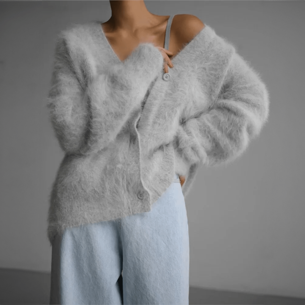 Fuzzy Knit V-Neck Button Front Cardigan 8