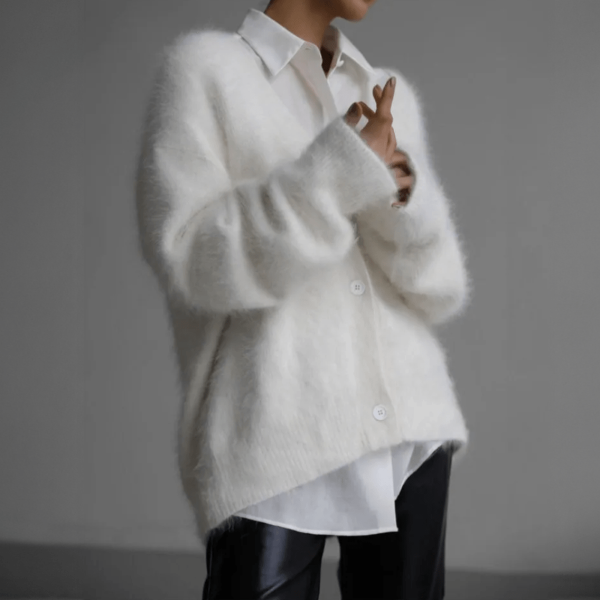 Fuzzy Knit V-Neck Button Front Cardigan 9