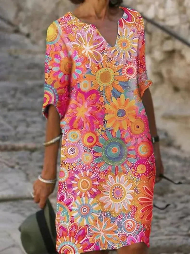 Floral Notch Neck Half Sleeve Shift Midi Dress - View 3