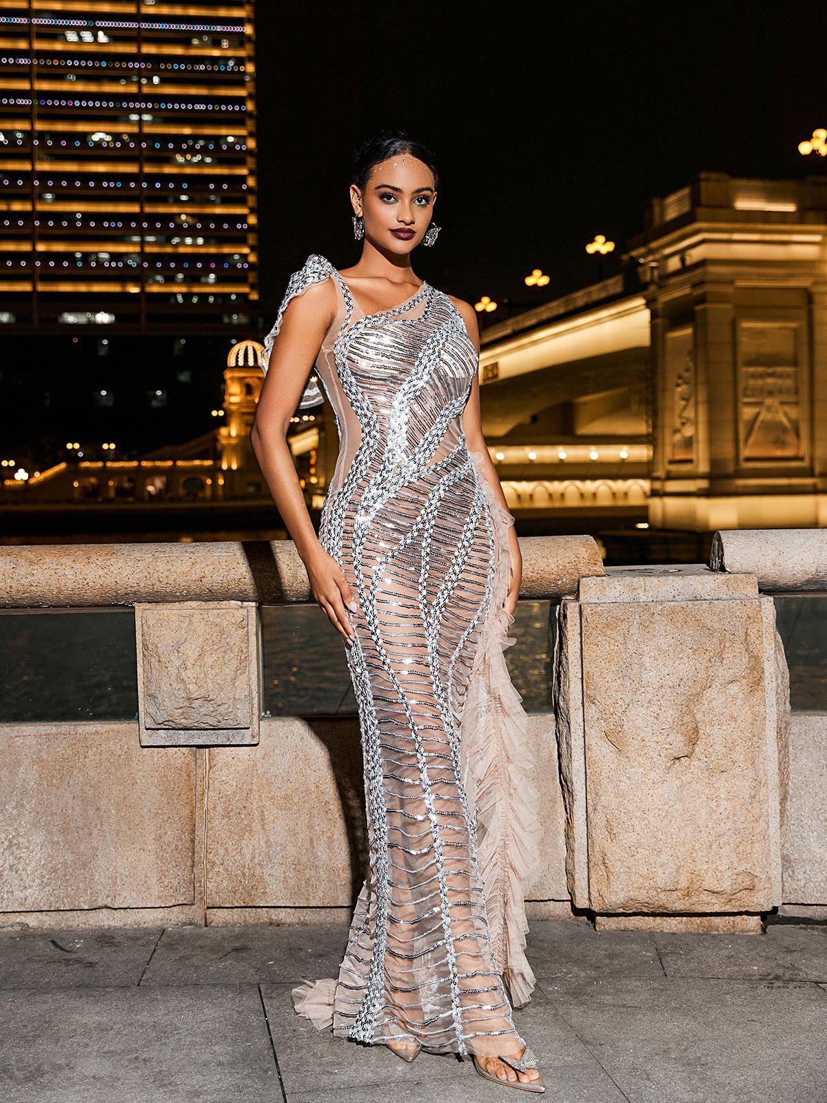 Sequin Mesh One Shoulder Cut Out Ruffle Train Maxi Gown - View 3