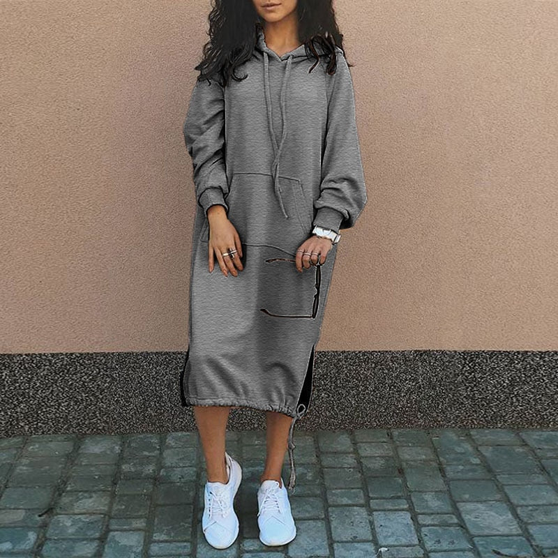 Hooded Long Sleeve Kangaroo Pocket Side Slit Drawstring Hem Dress - View 6
