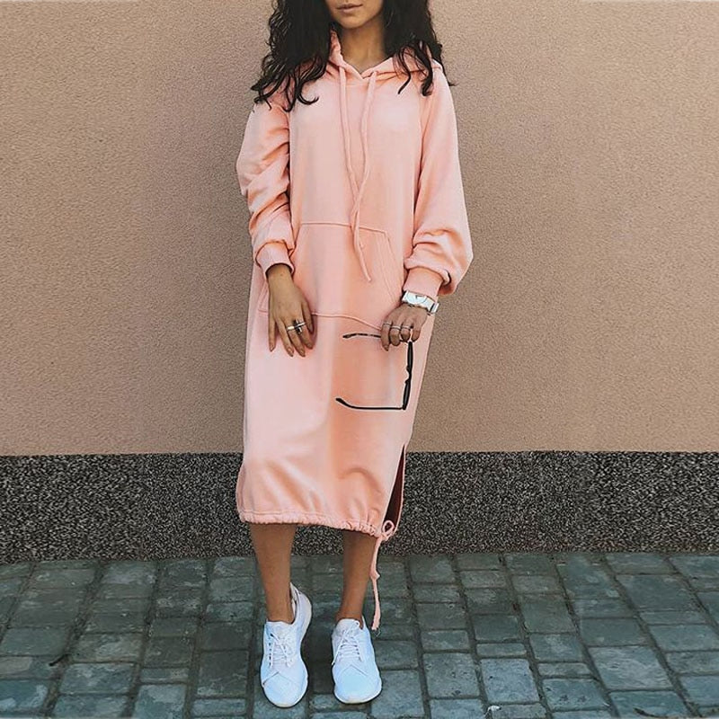 Hooded Long Sleeve Kangaroo Pocket Side Slit Drawstring Hem Dress - View 4