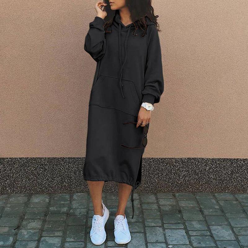 Hooded Long Sleeve Kangaroo Pocket Side Slit Drawstring Hem Dress