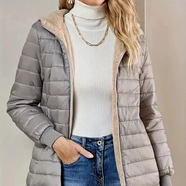 Hooded Fleece Lined Zip Front Quilted Puffer Jacket