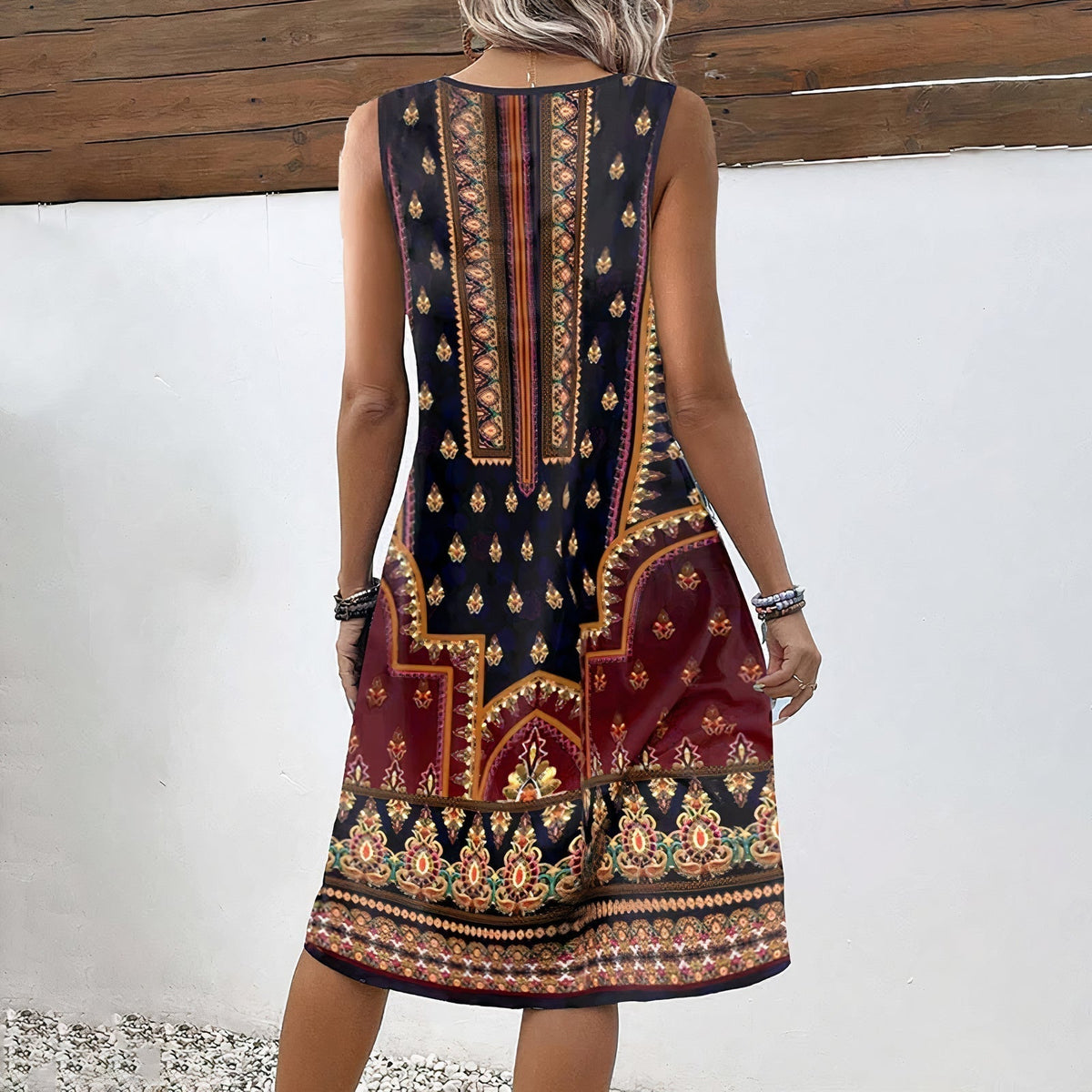 Sleeveless V-Neck Bohemian Print Shift Knee Length Dress - View 2