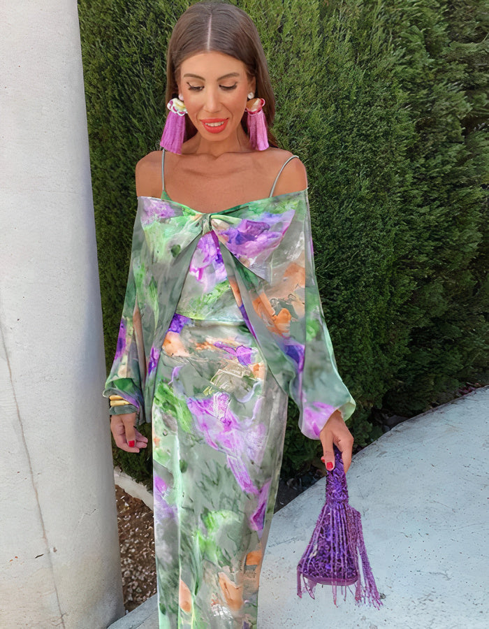 Satin Watercolor Floral Print Spaghetti Strap V-Neck Maxi Dress - View 2