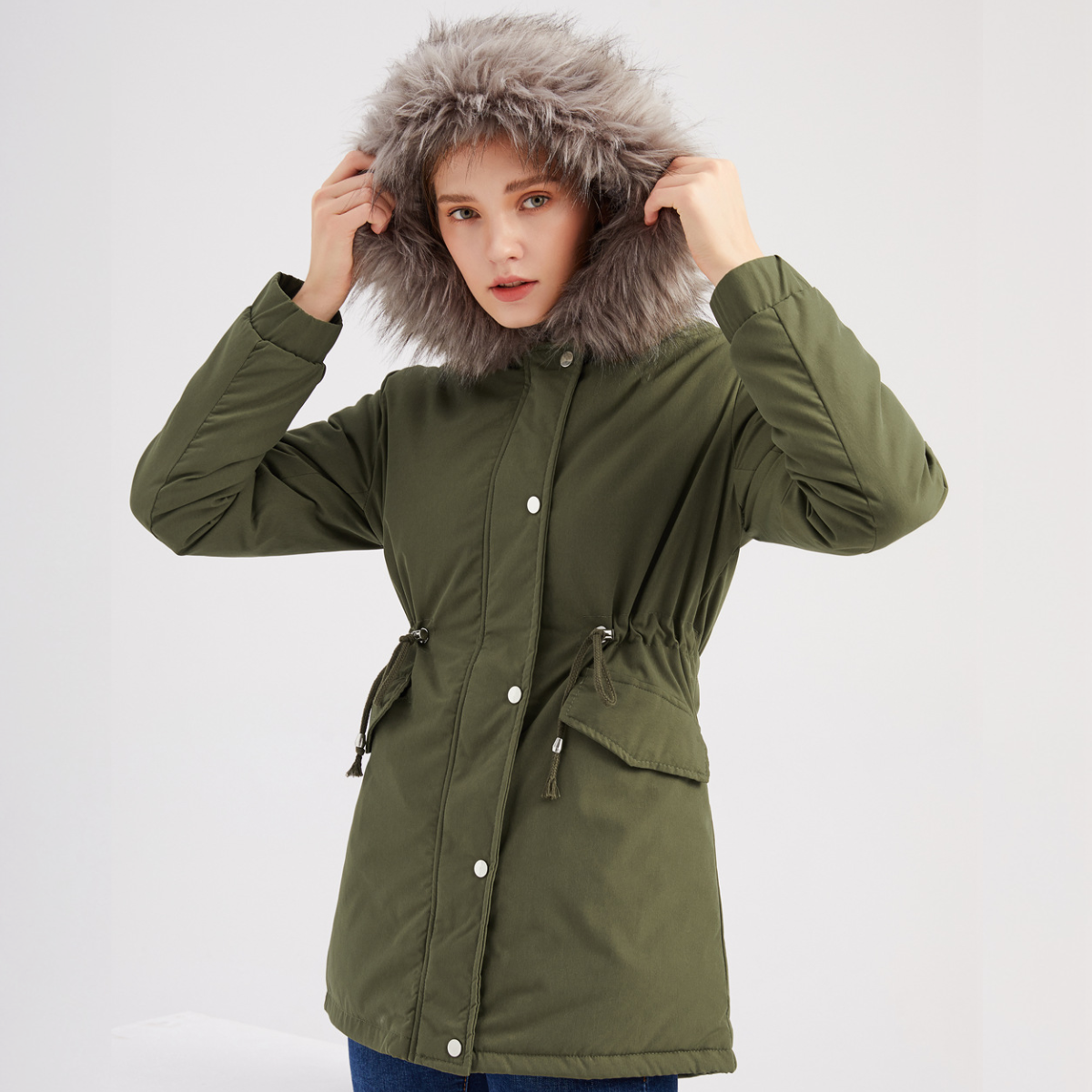 Hooded Faux Fur Trim Drawstring Parka