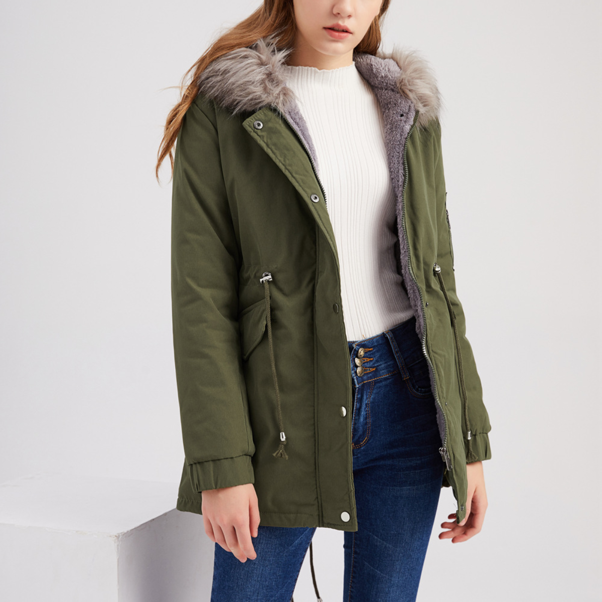 Hooded Faux Fur Trim Drawstring Parka 4