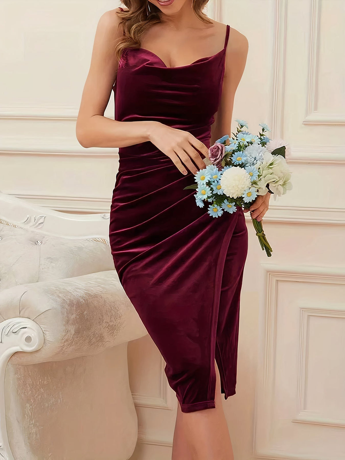 Velvet Cowl Neck Spaghetti Strap Ruched Wrap Cocktail Midi Dress