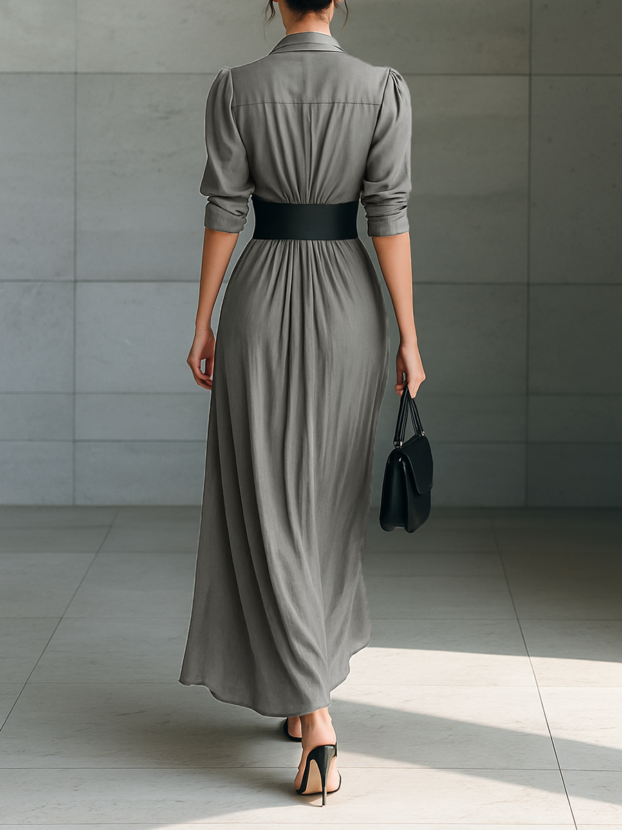 Collared Belted Ruched Long Sleeve Draped Maxi Shirt Dress 2