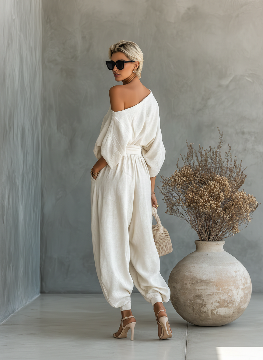 One Shoulder Short Sleeve Top and Wide Leg Pants Two Piece Set 6