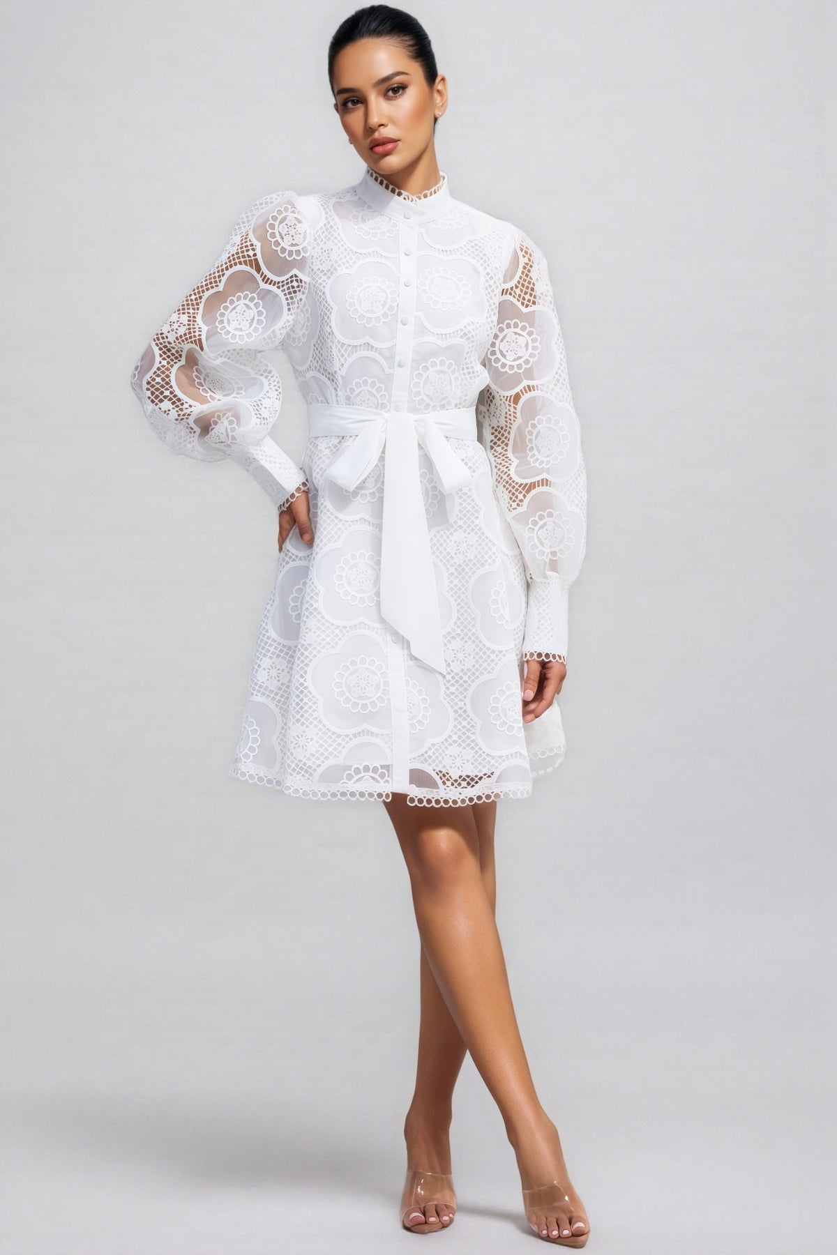 Floral Lace High Neck Lantern Sleeve A-Line Mini Dress - View 2