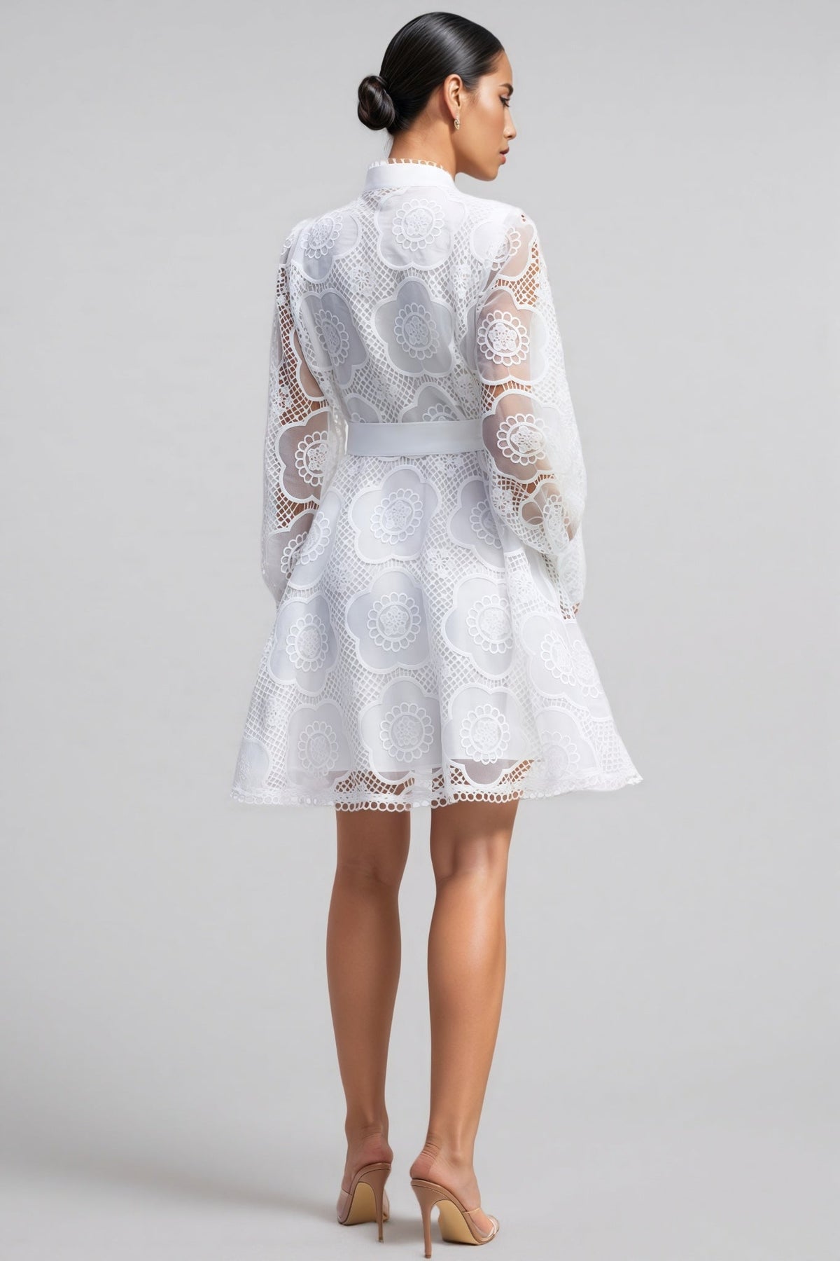 Floral Lace High Neck Lantern Sleeve A-Line Mini Dress - View 7