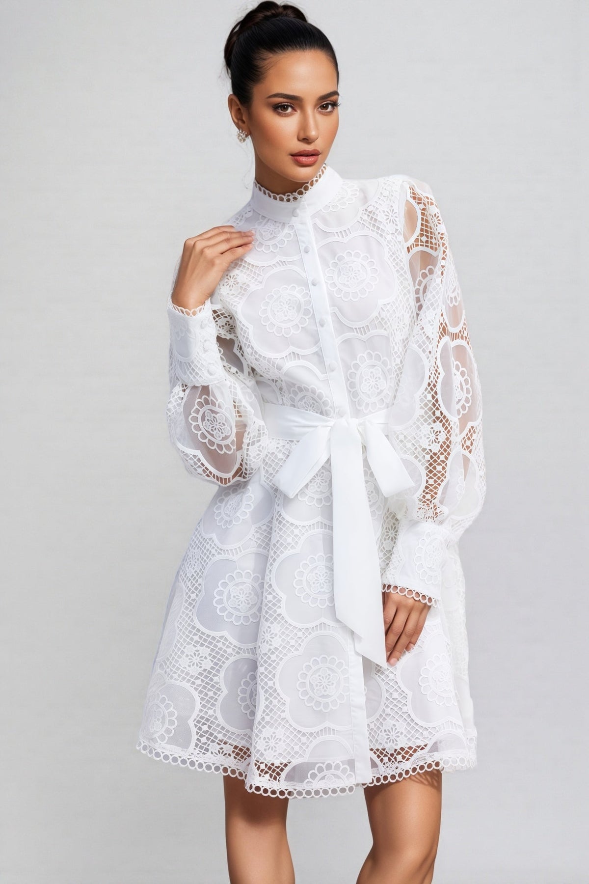 Floral Lace High Neck Lantern Sleeve A-Line Mini Dress - View 5