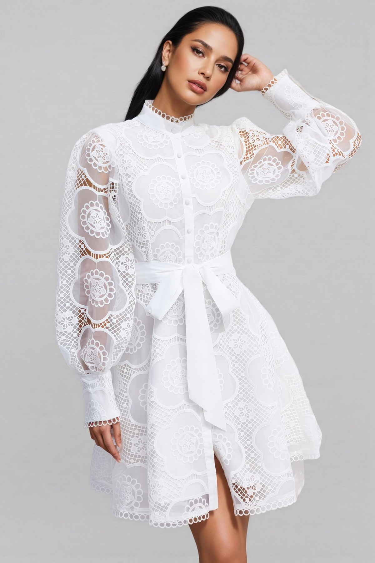 Floral Lace High Neck Lantern Sleeve A-Line Mini Dress - View 3