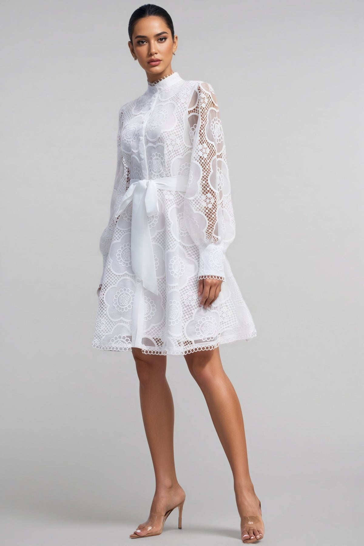 Floral Lace High Neck Lantern Sleeve A-Line Mini Dress - View 6