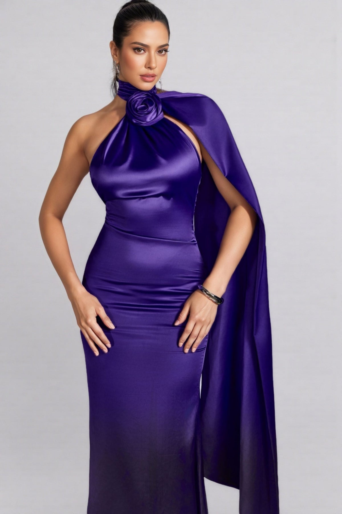 Satin One Shoulder Rosette Applique Draped Maxi Gown - View 4