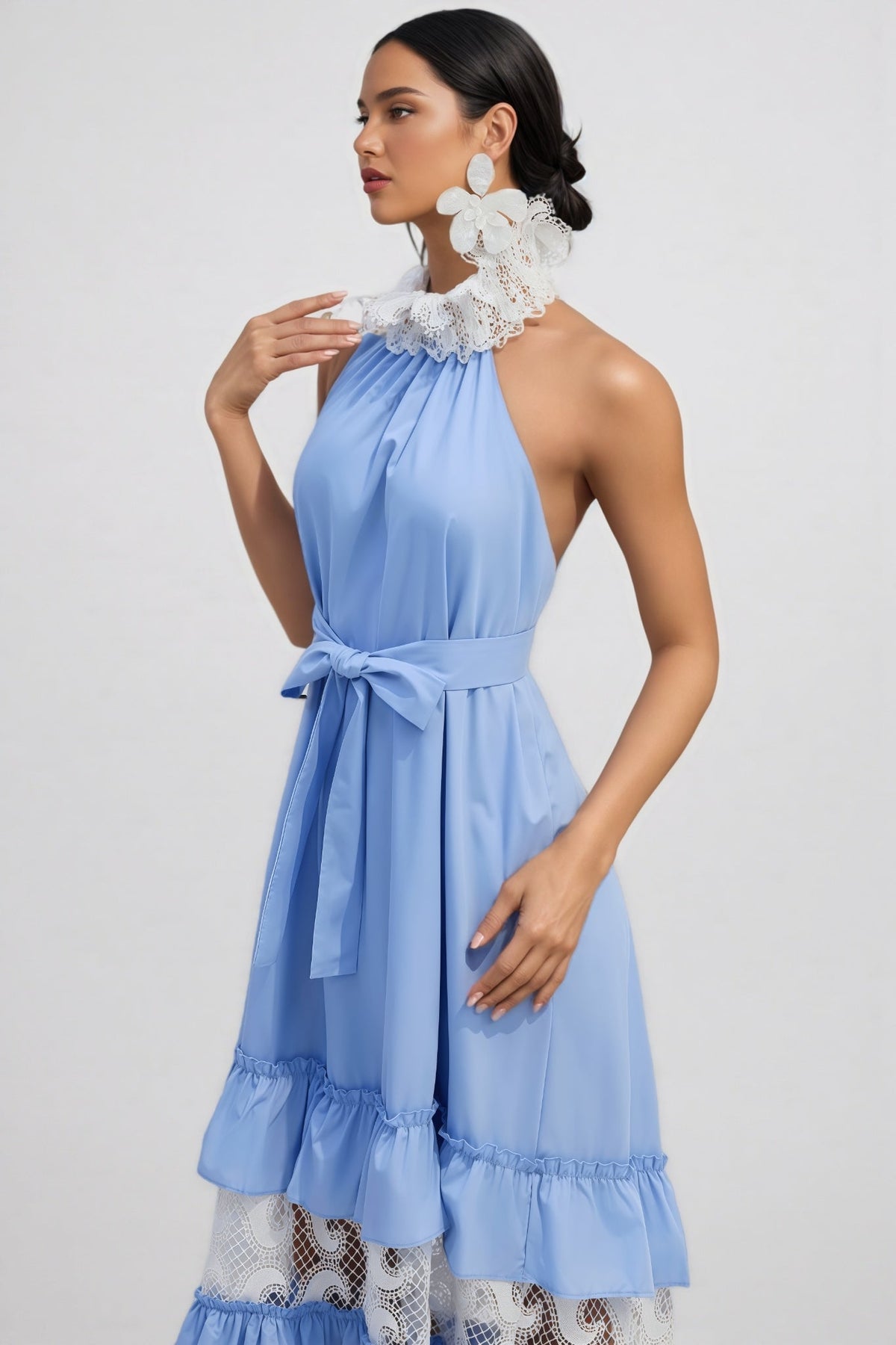 Sablert Blue Embroidered Mesh Maxi Dress - View 5