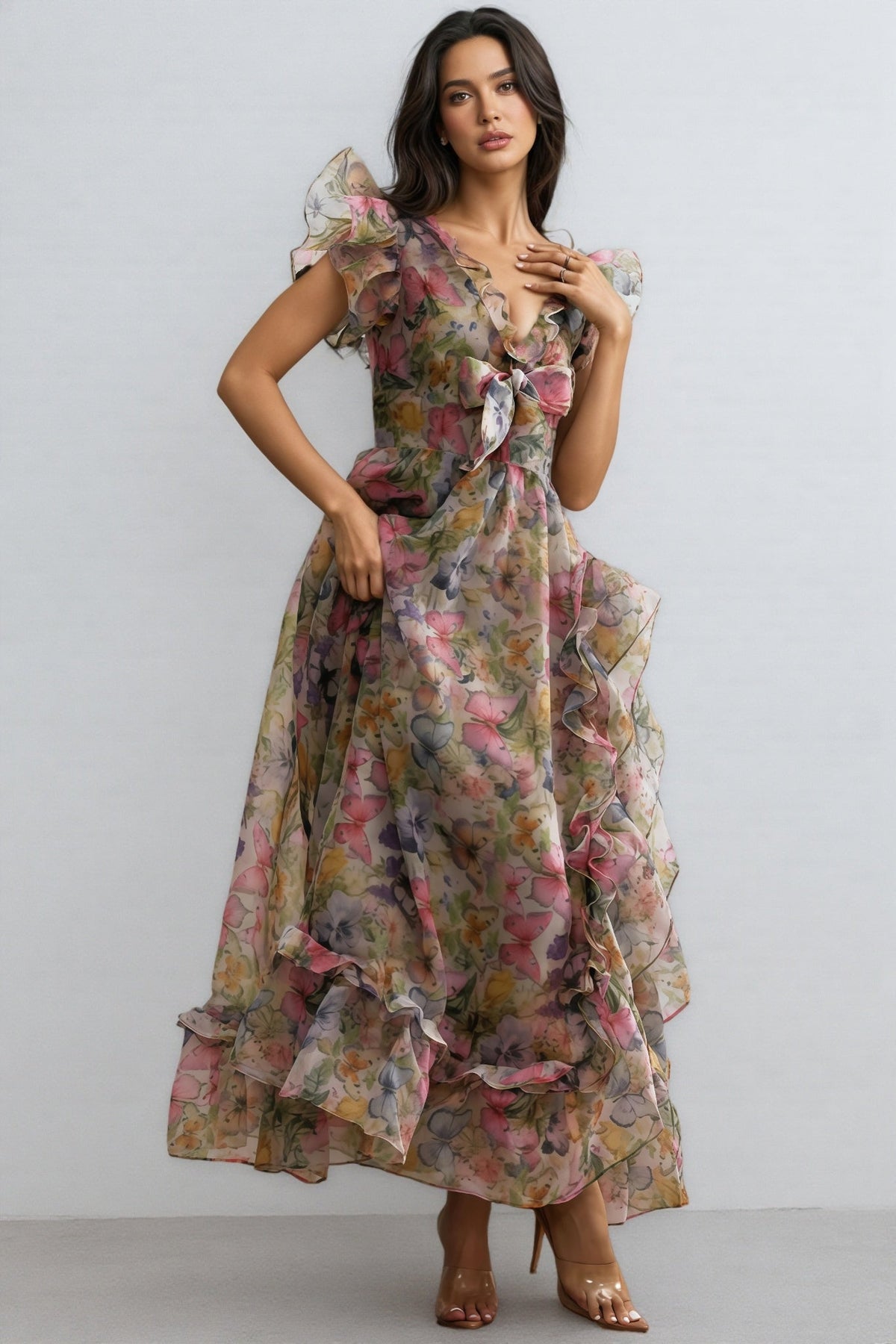 Bella Butterfly Print Ruffle Chiffon Maxi Dress - View 3